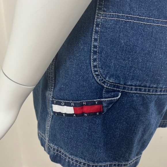 Tommy Women Size L Cotton Denim Shortall Bib Carpenter Short Jean Overalls Y2K - Picture 10 of 13